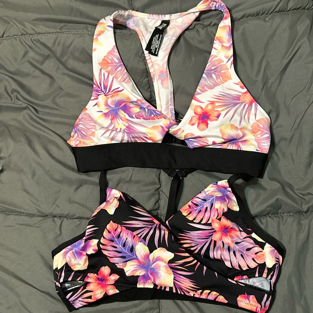 Tired on and washed. 2 pink sport bikini tops